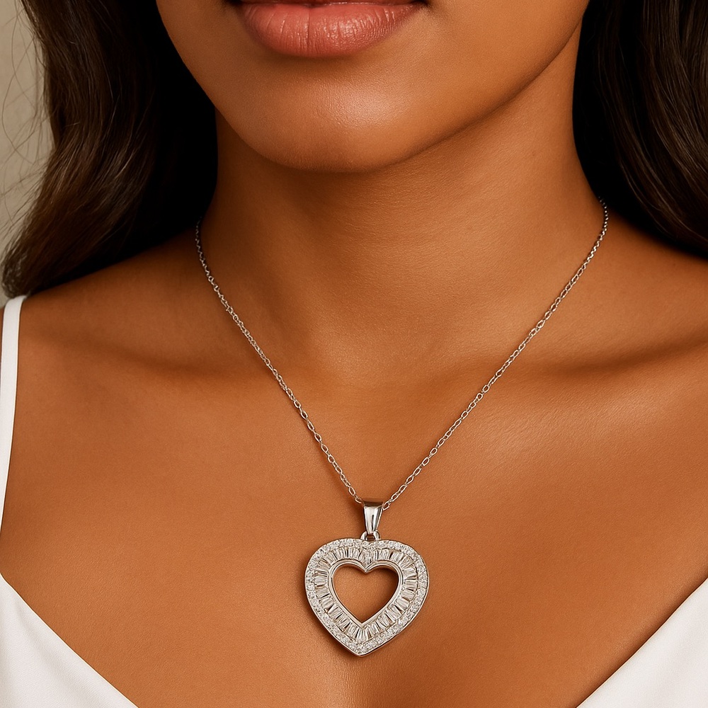 NWT2-White Lab Sapphire Sterling Silver Heart Pendant Necklace Retail$125